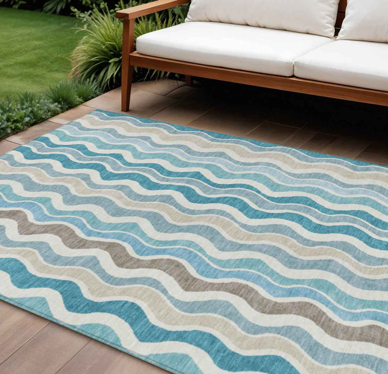9' X 12' Teal Blue Ivory And Beige Striped Washable Indoor Outdoor Area Rug