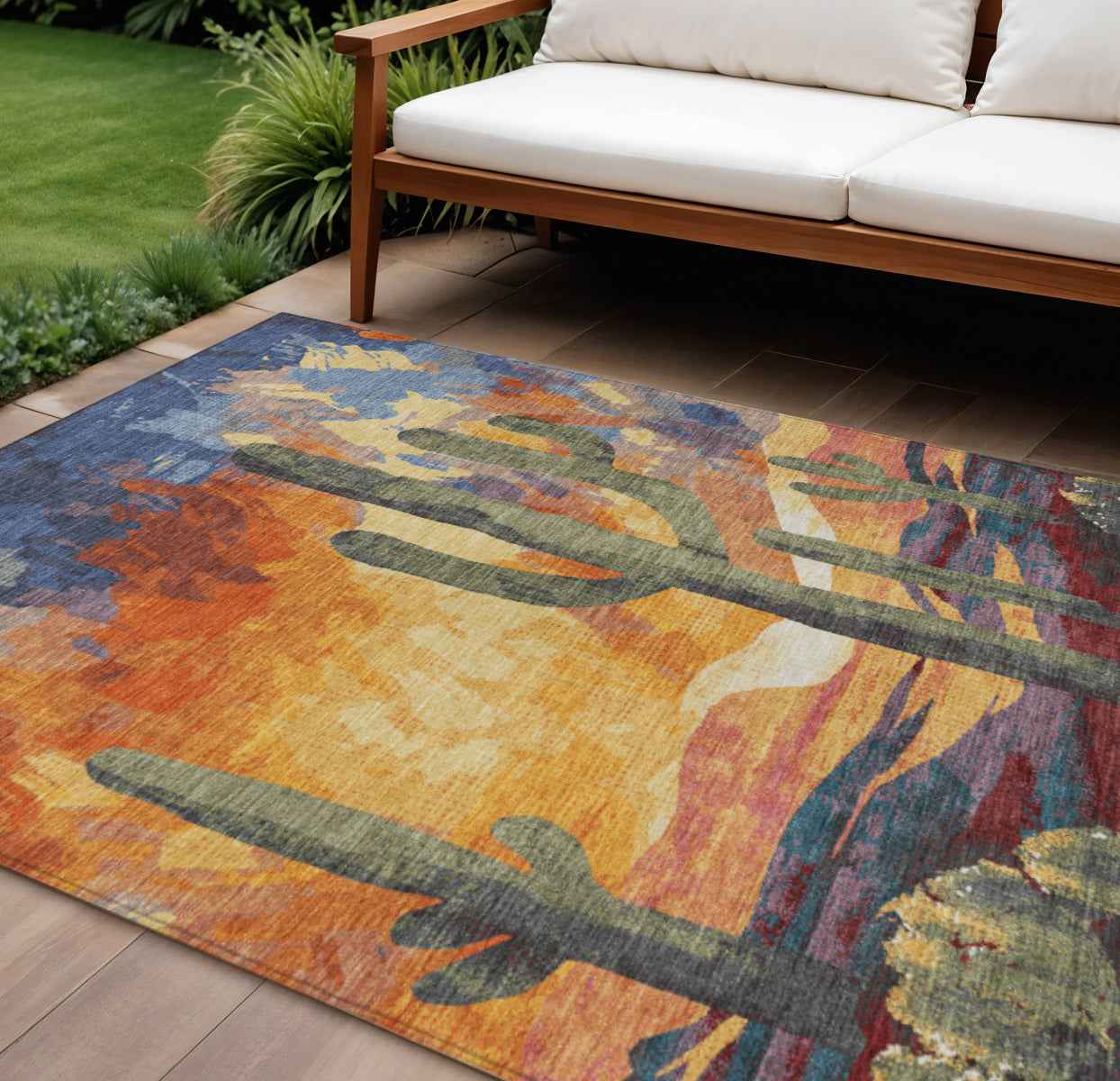 10' X 14' Terra Cotta Blue And Plum Botanical Leaves Washable Indoor Outdoor Area Rug