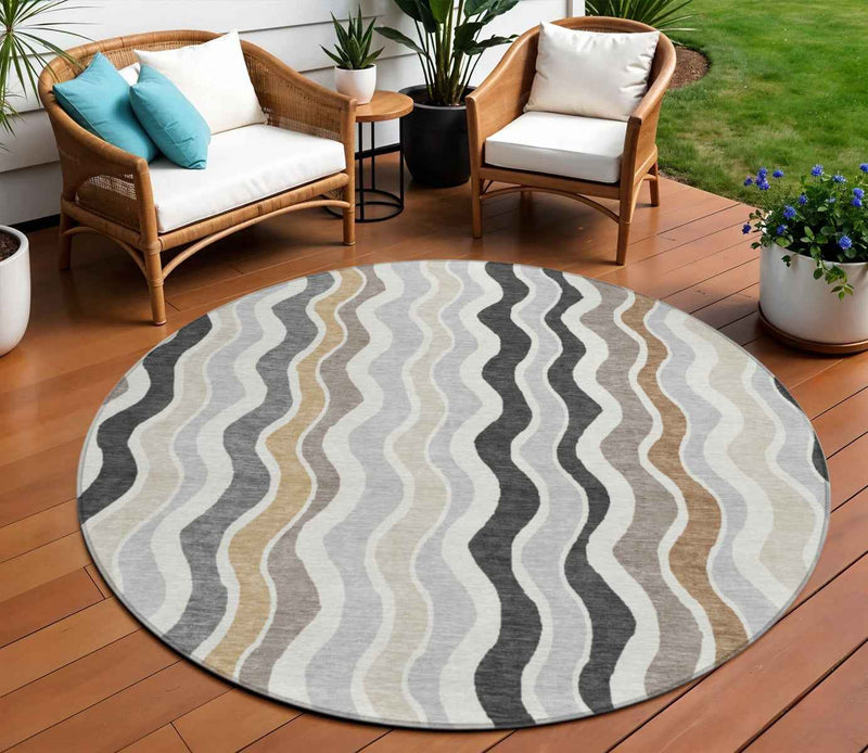 8' Charcoal Ivory And Gray Round Striped Washable Indoor Outdoor Area Rug