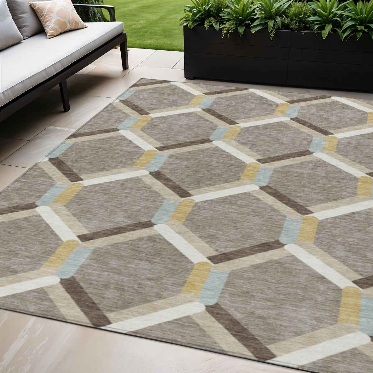5' X 8' Brown Ivory And Beige Geometric Washable Indoor Outdoor Area Rug