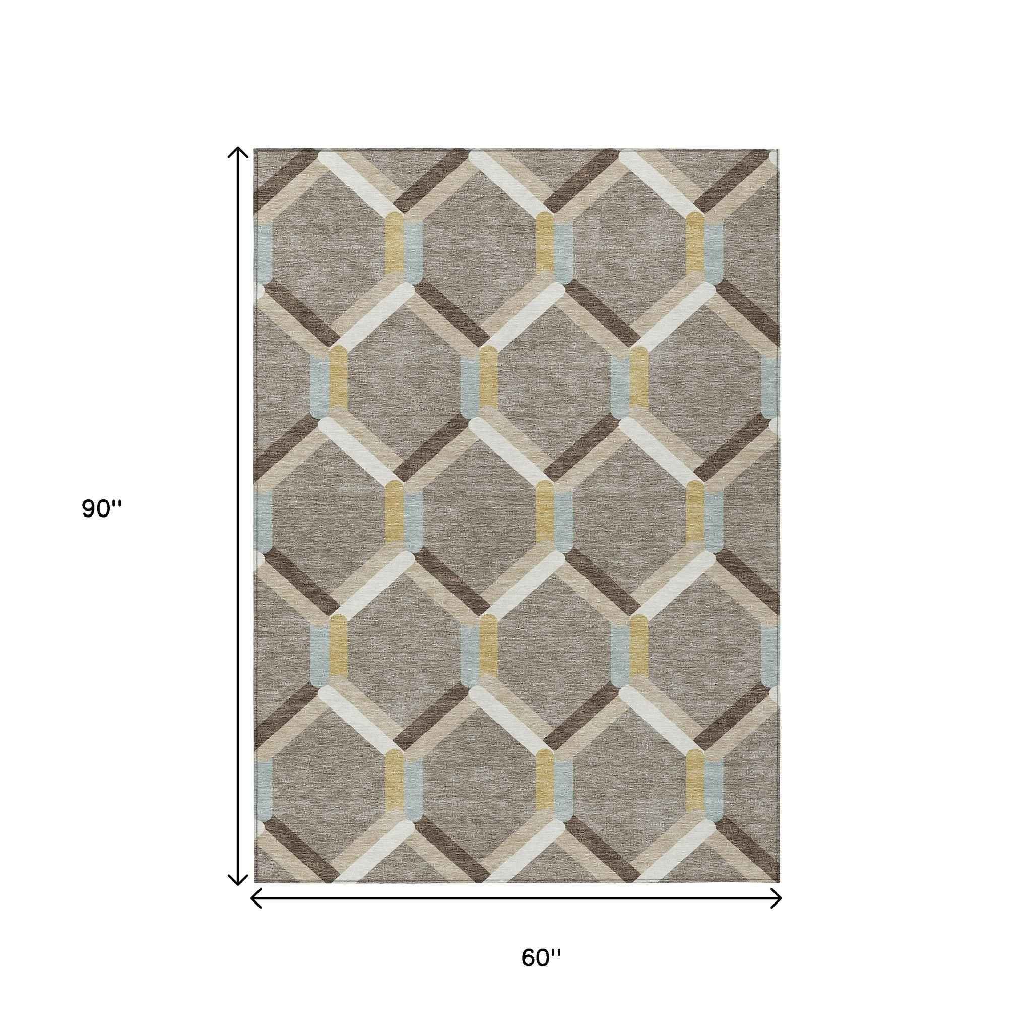 5' X 8' Brown Ivory And Beige Geometric Washable Indoor Outdoor Area Rug