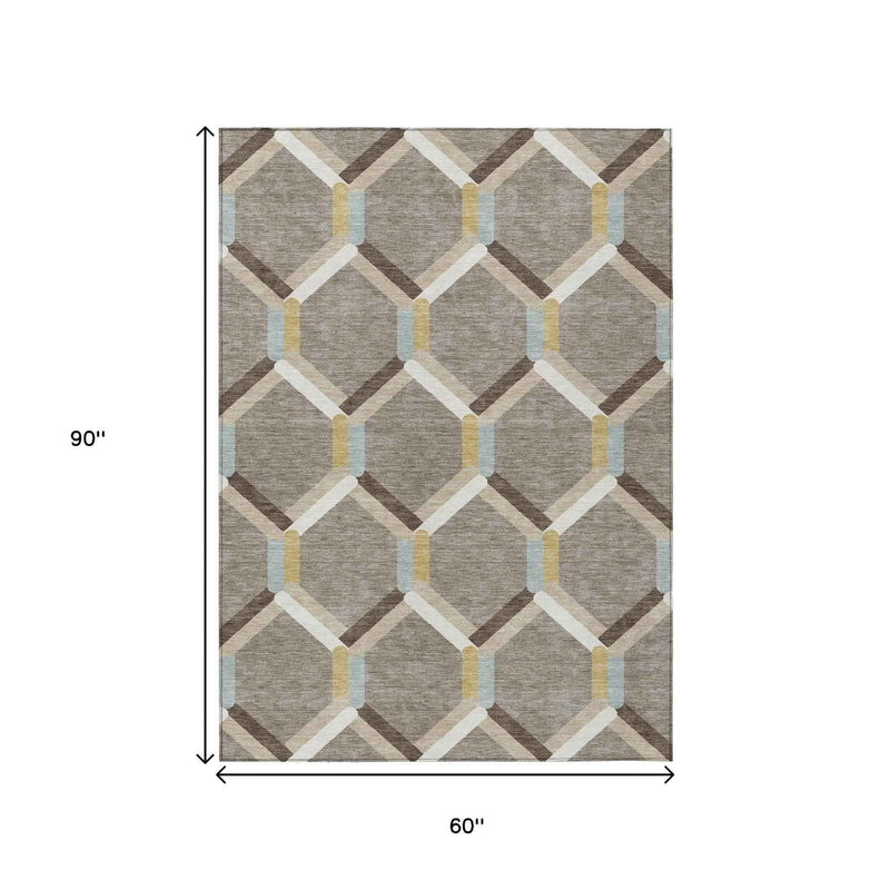 5' X 8' Brown Ivory And Beige Geometric Washable Indoor Outdoor Area Rug