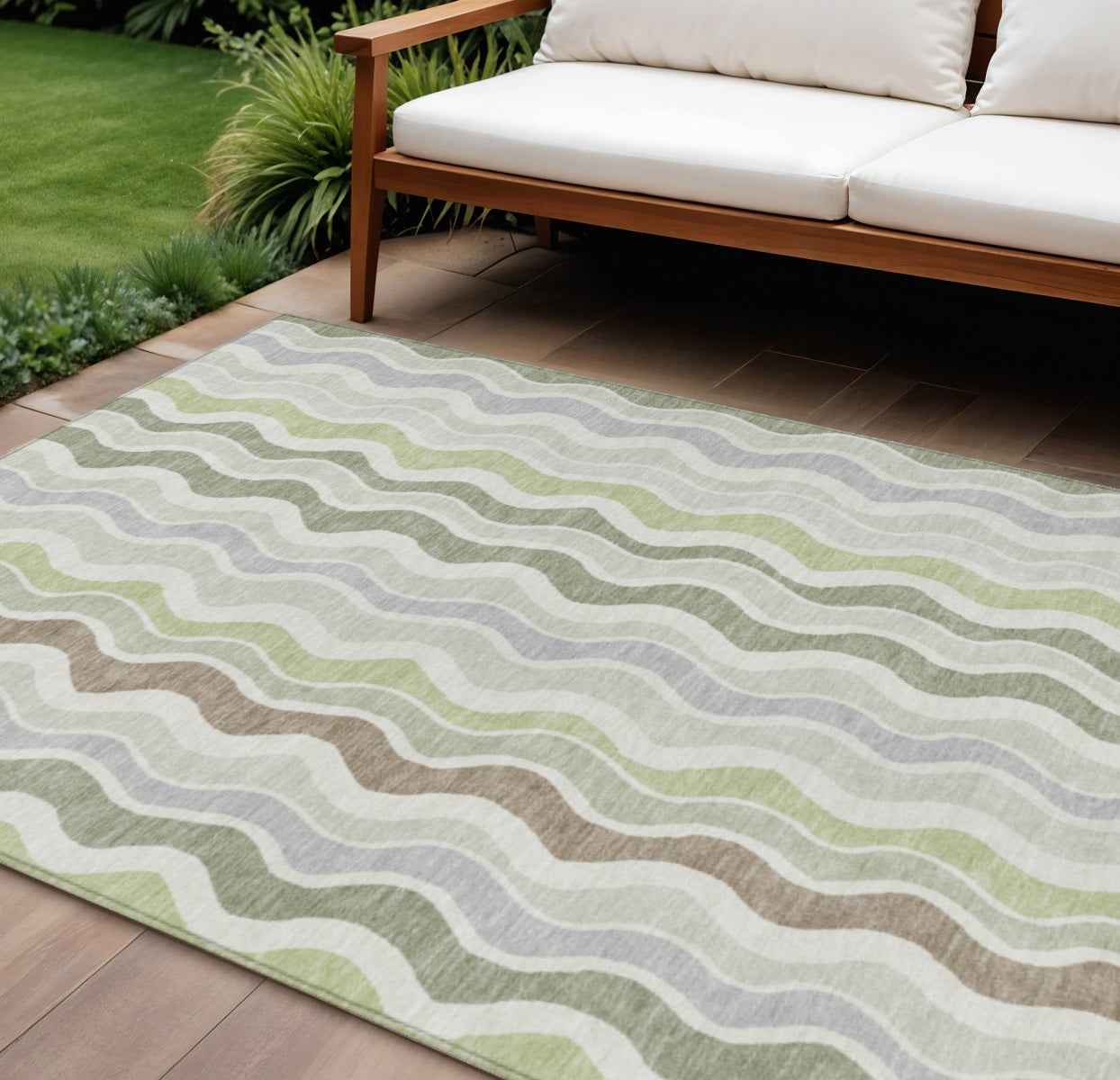 8' X 10' Artichoke Green Ivory And Brown Striped Washable Indoor Outdoor Area Rug