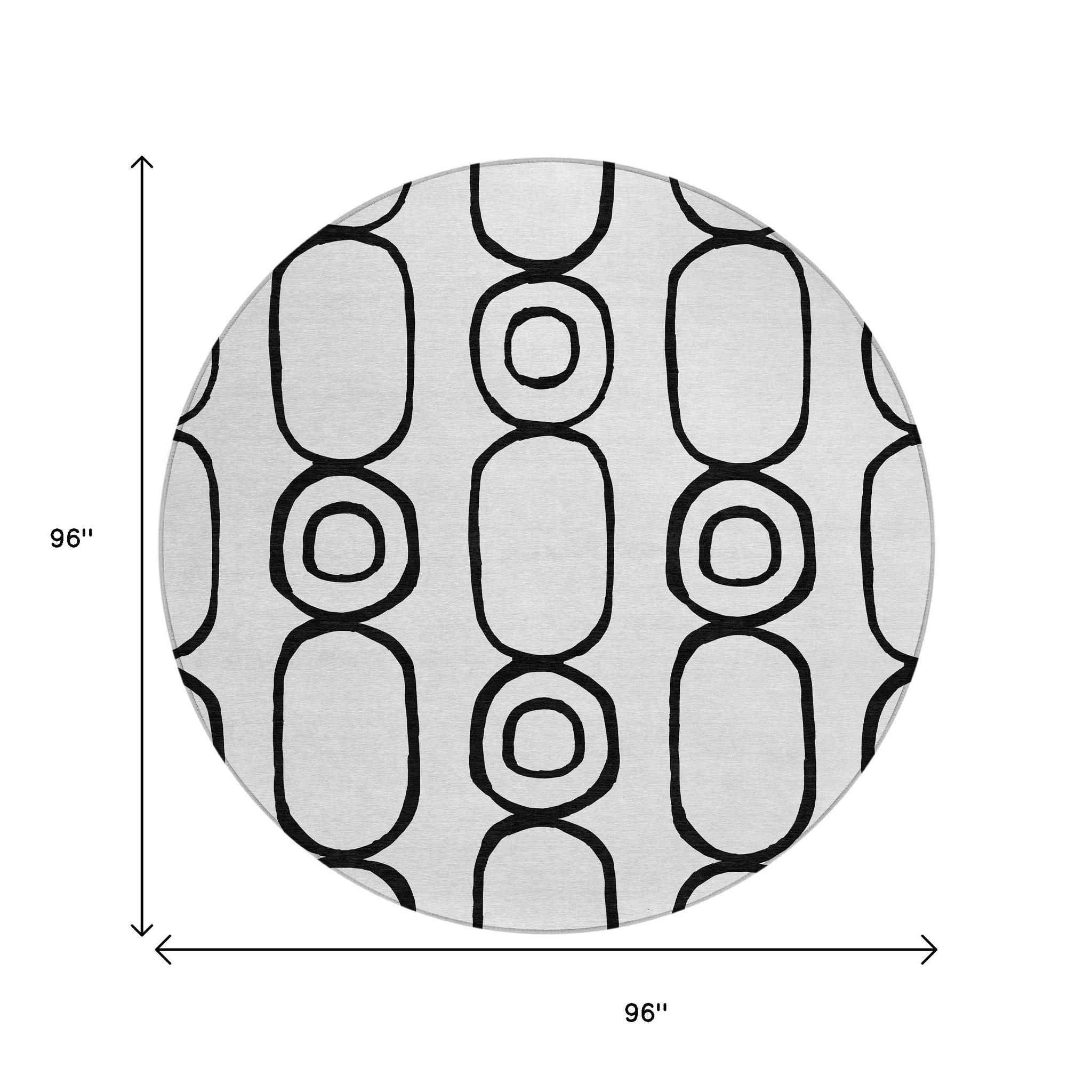 8' White And Black Round Geometric Washable Indoor Outdoor Area Rug