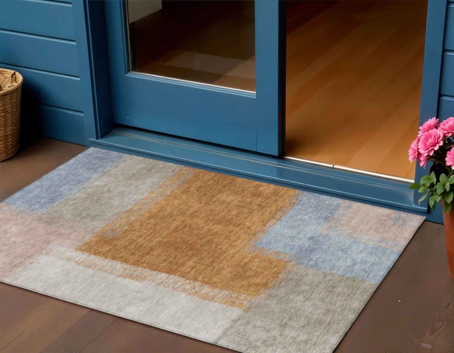 3' X 5' Rust Ivory And Blue Abstract Washable Indoor Outdoor Area Rug