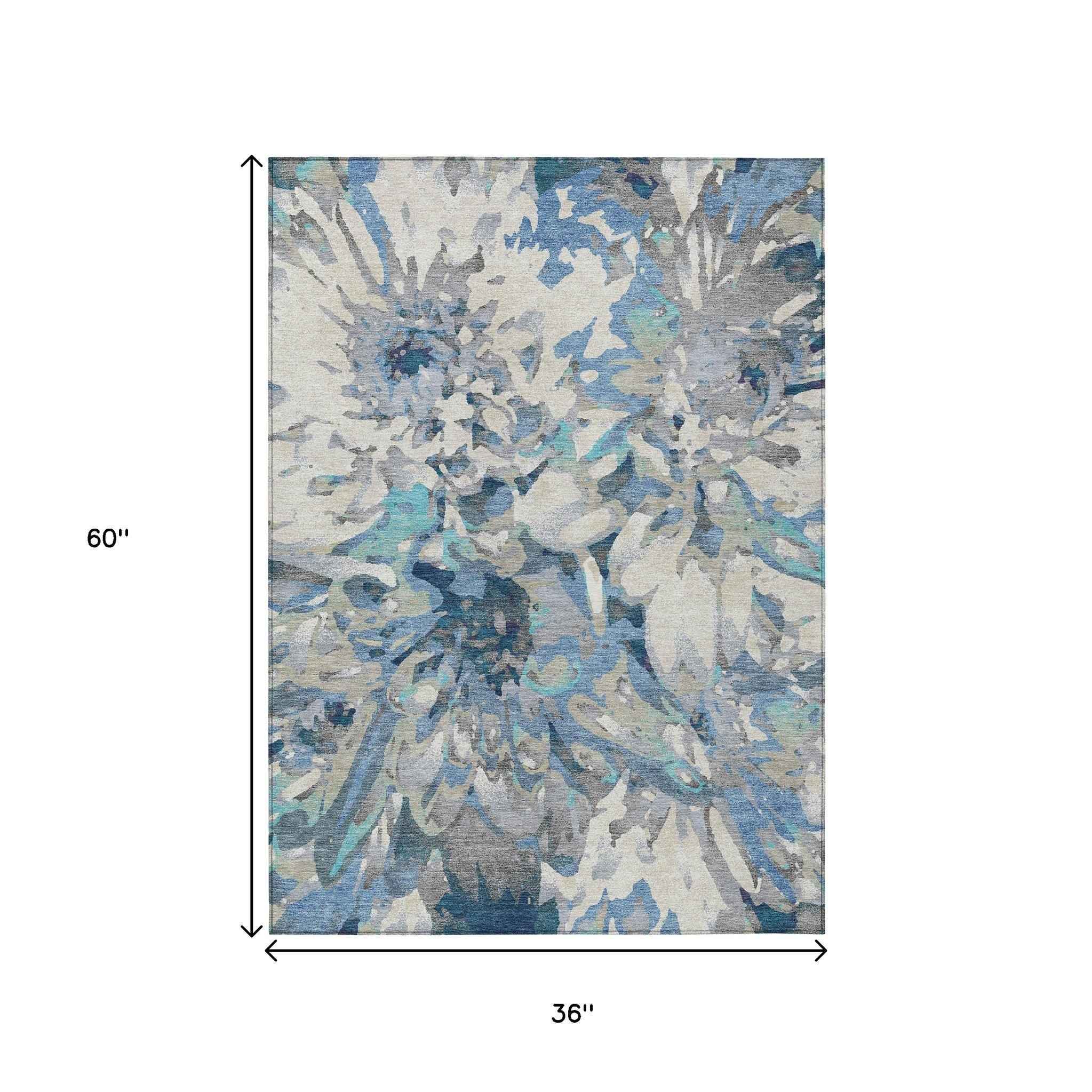 3' X 5' Denim Blue Gray And Ivory Floral Washable Indoor Outdoor Area Rug