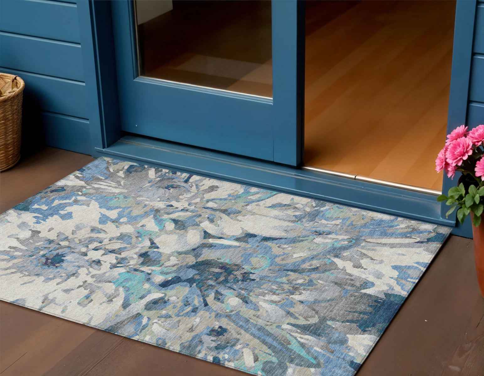 3' X 5' Denim Blue Gray And Ivory Floral Washable Indoor Outdoor Area Rug