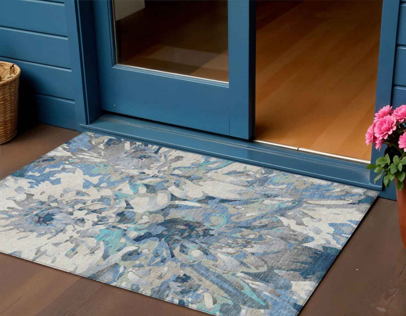 3' X 5' Denim Blue Gray And Ivory Floral Washable Indoor Outdoor Area Rug