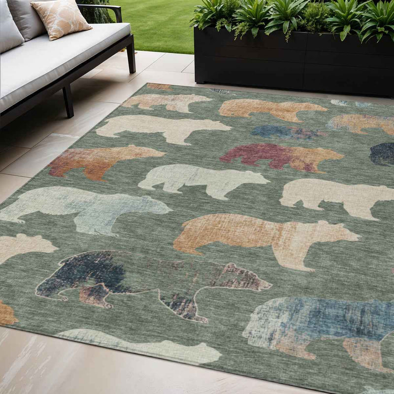 5' X 8' Green Ivory And Copper Animal Print Washable Indoor Outdoor Area Rug