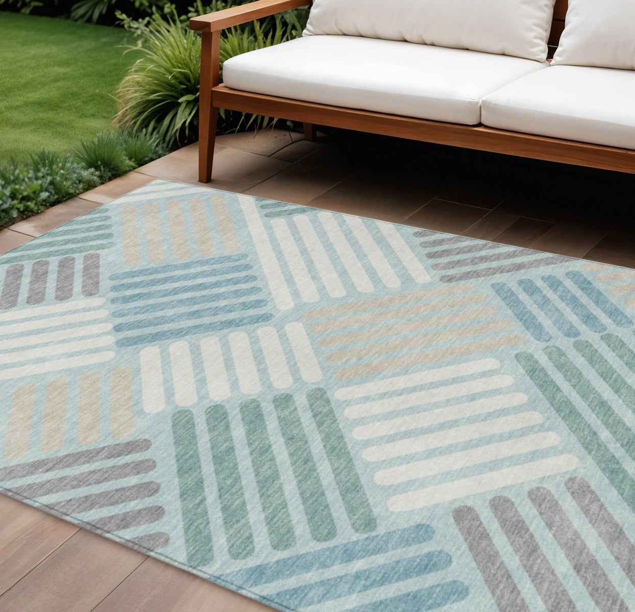 8' X 10' Pale Aqua Wheat And Ivory Geometric Washable Indoor Outdoor Area Rug