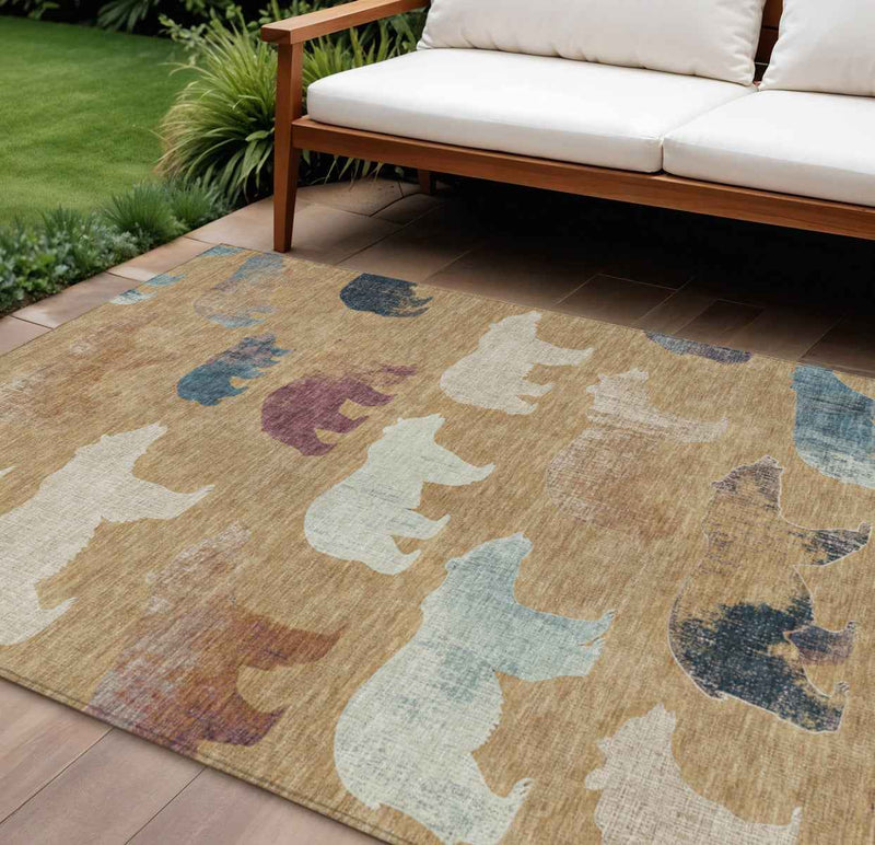 8' X 10' Gold Ivory And Blue Animal Print Washable Indoor Outdoor Area Rug