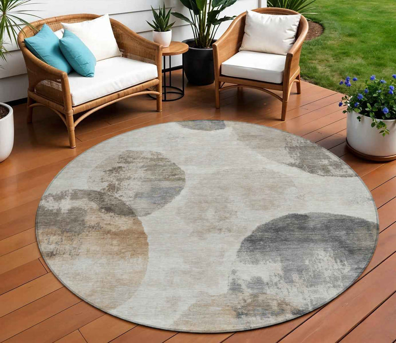 8' Taupe Ivory And Beige Round Abstract Washable Indoor Outdoor Area Rug