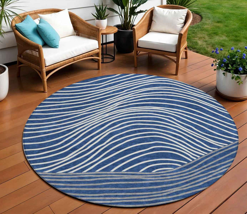 8' Navy Blue And Ivory Round Striped Washable Indoor Outdoor Area Rug