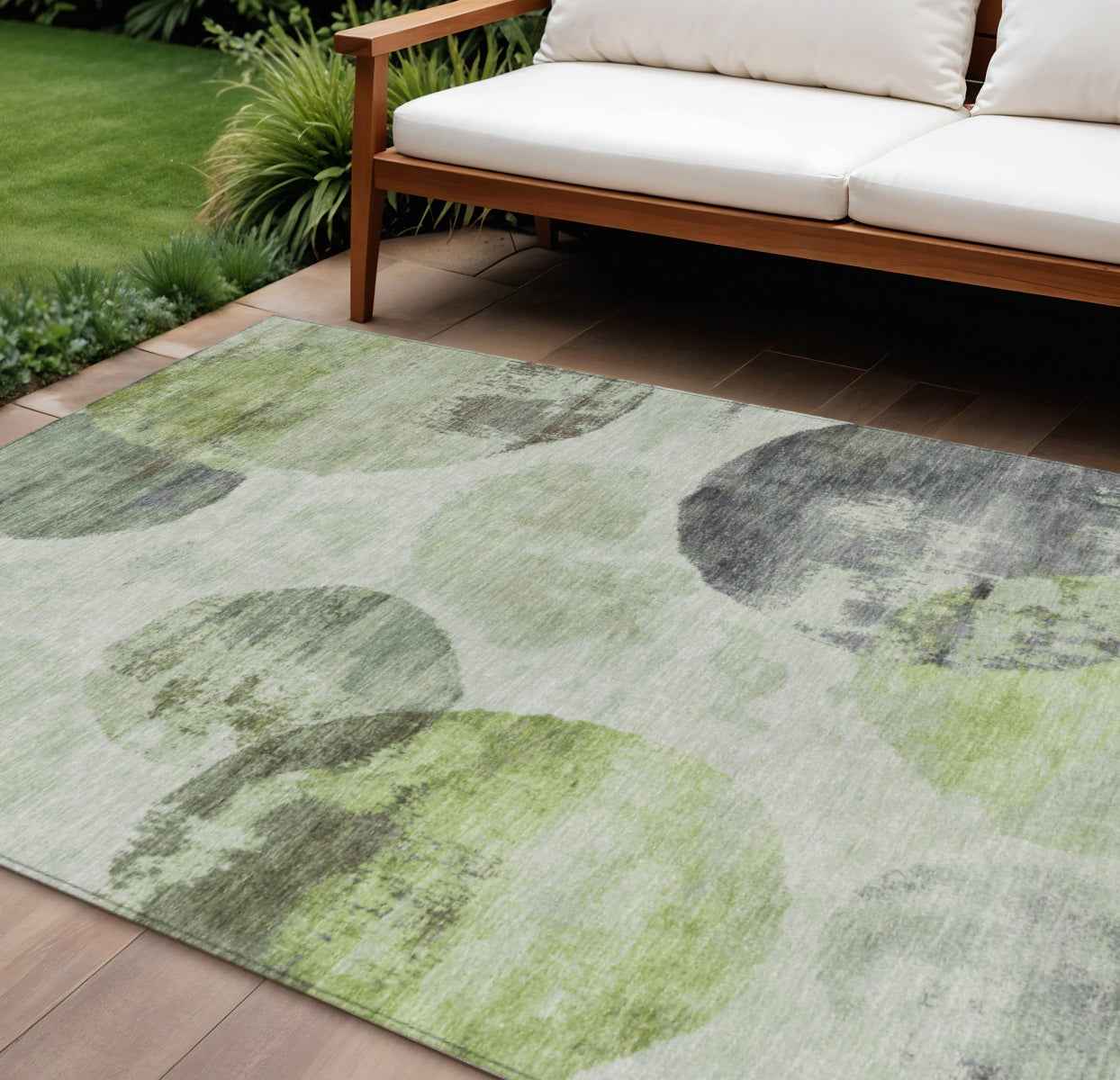 10' X 14' Artichoke Green And Ivory Abstract Washable Indoor Outdoor Area Rug