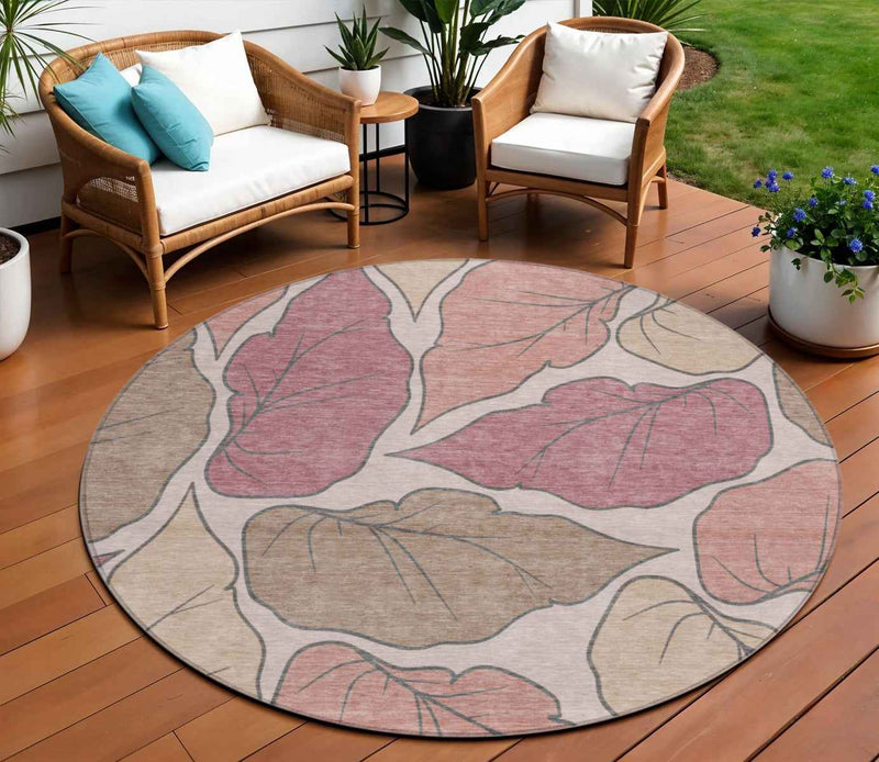 8' Blush And Ivory Round Botanical Leaves Washable Indoor Outdoor Area Rug