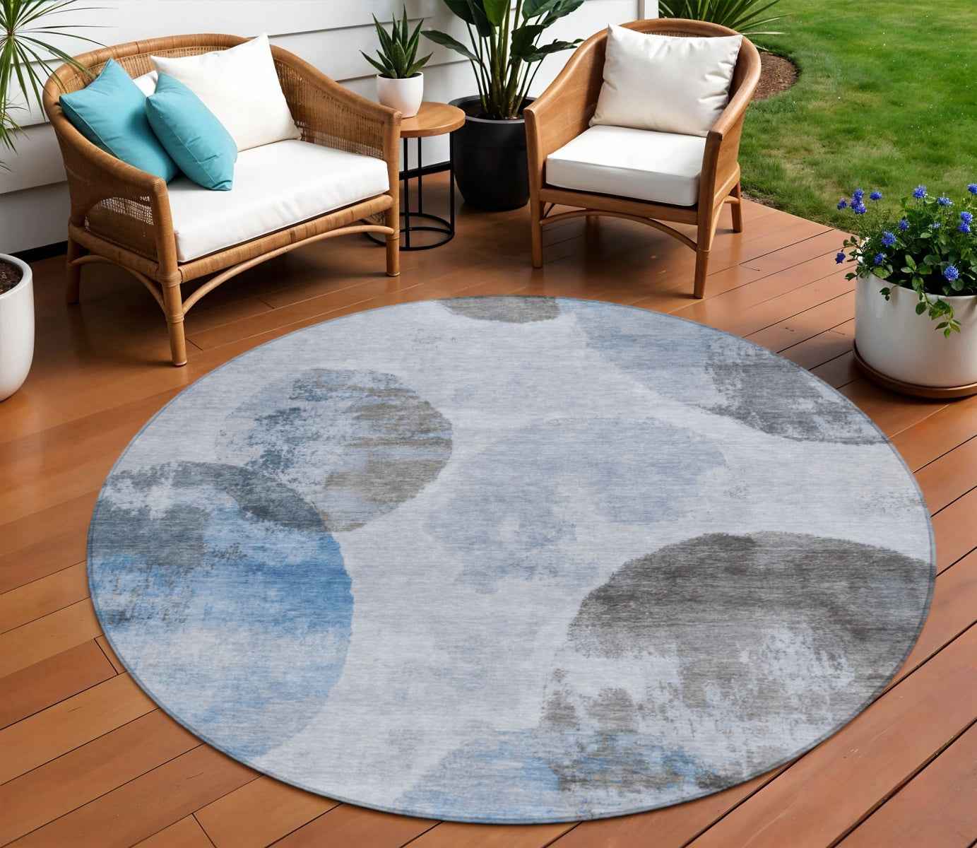 8' Denim Blue Taupe And Ivory Round Abstract Washable Indoor Outdoor Area Rug