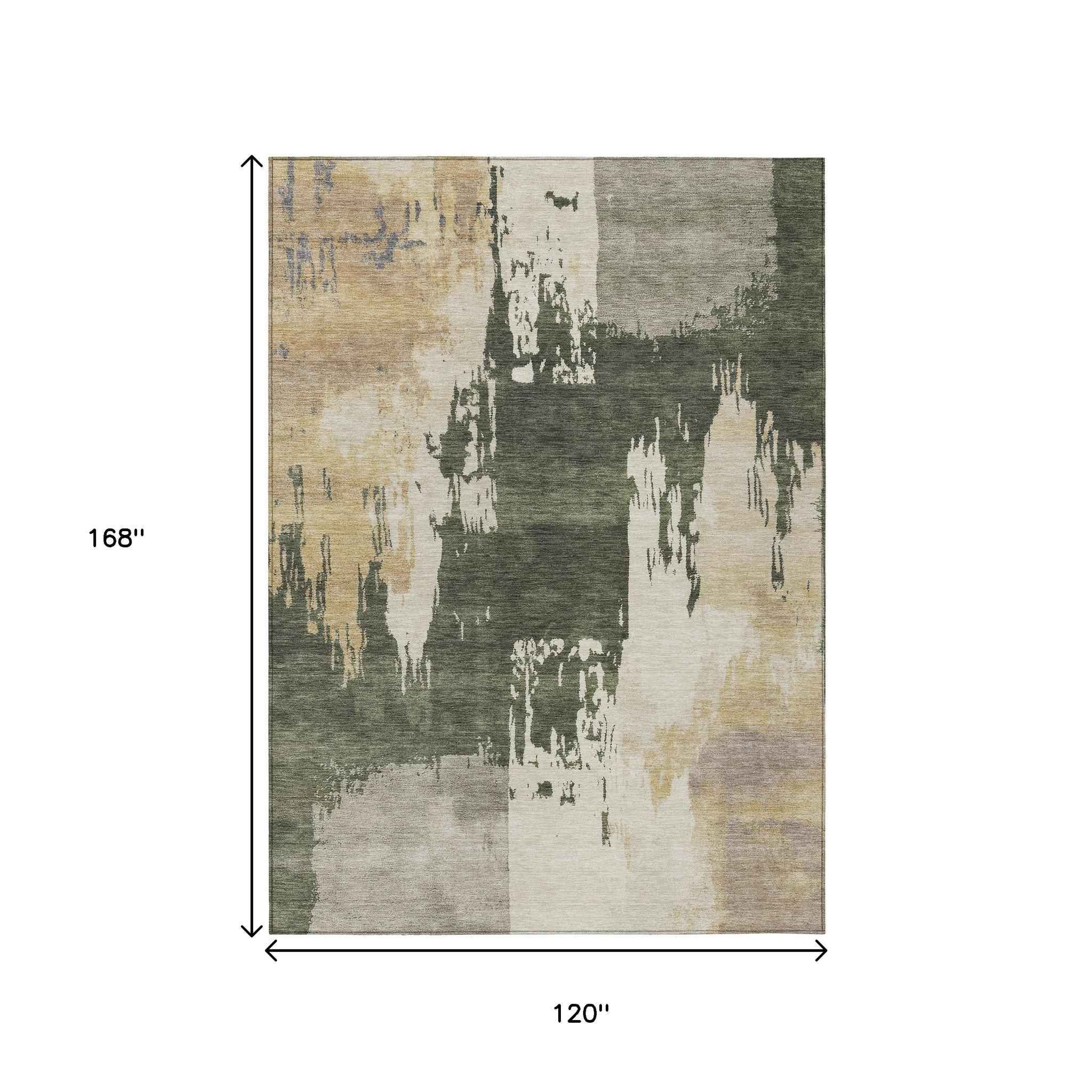 10' X 14' Olive Green Ivory And Tan Abstract Washable Indoor Outdoor Area Rug