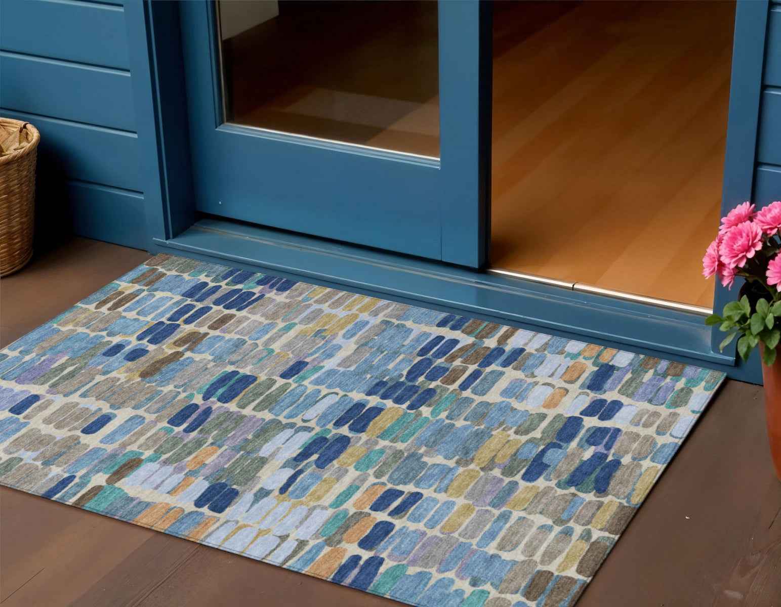 3' X 5' Denim Blue Wheat And Beige Abstract Washable Indoor Outdoor Area Rug