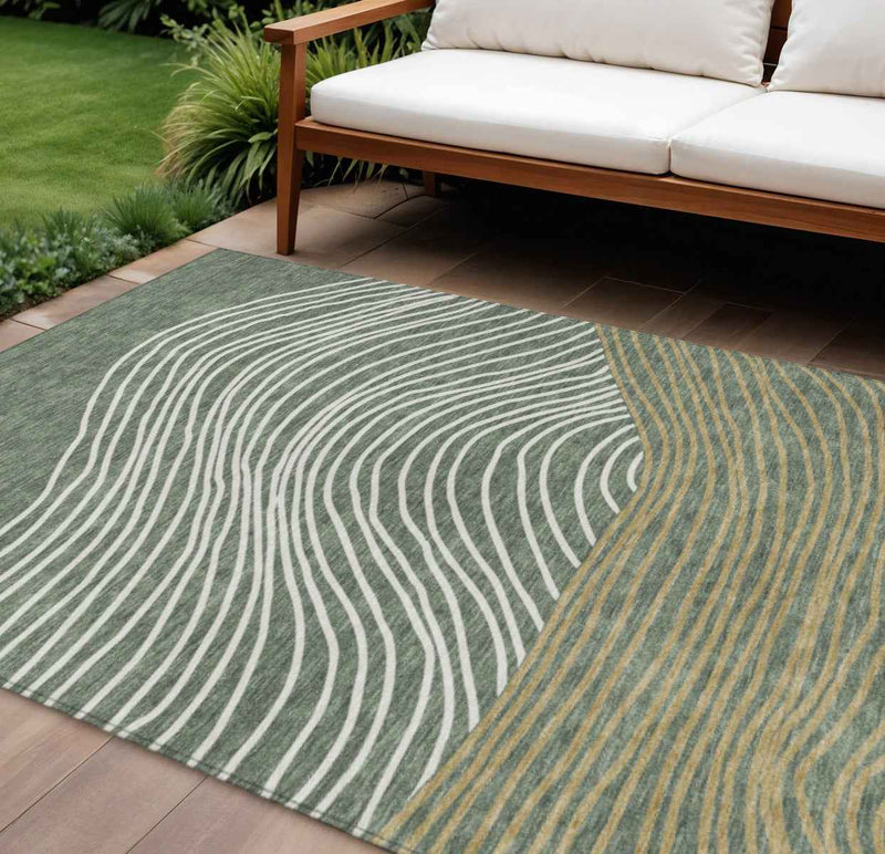 10' X 14' Fern Green Ivory And Gold Striped Washable Indoor Outdoor Area Rug