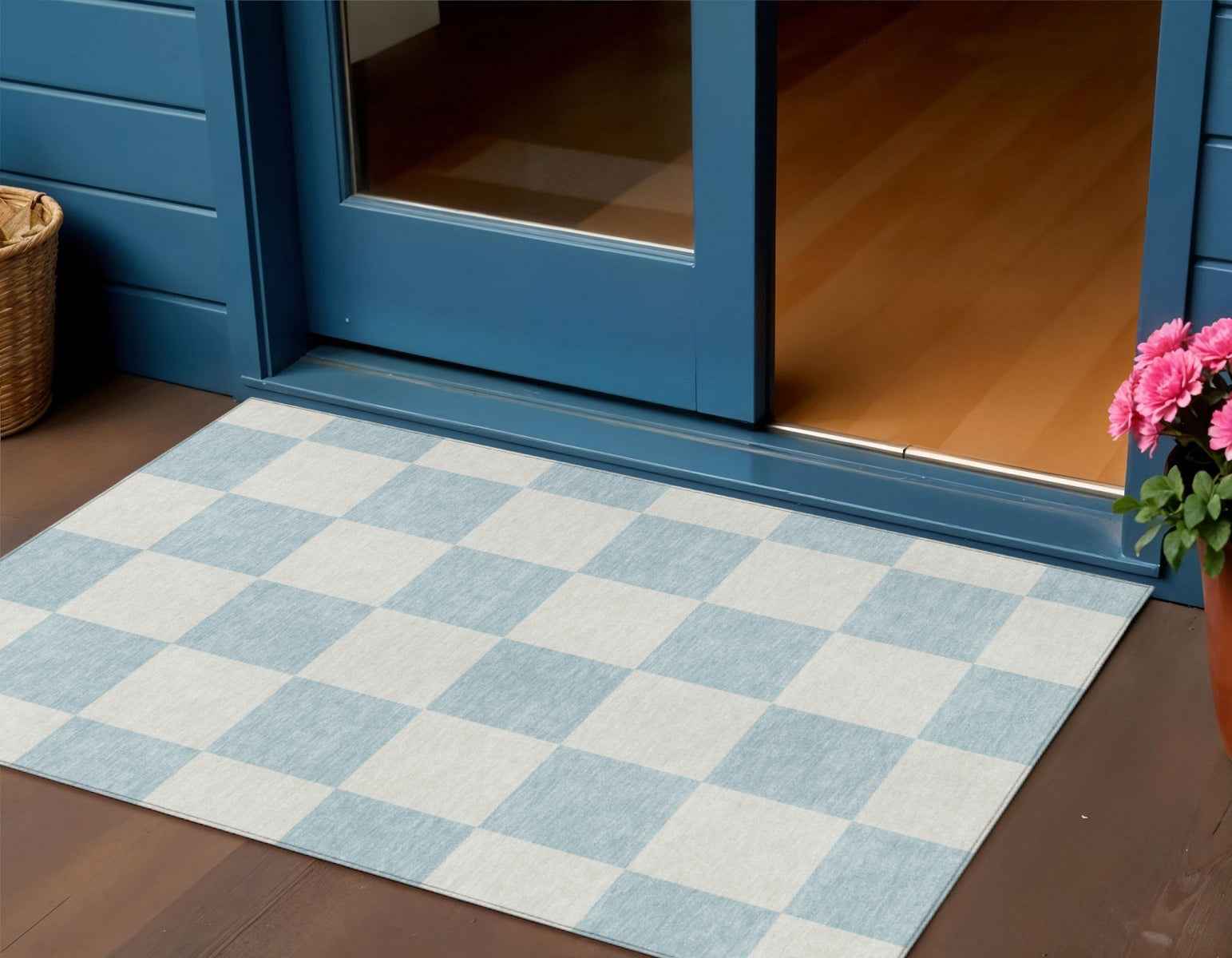 3' X 5' Sky Blue And Ivory Geometric Washable Indoor Outdoor Area Rug