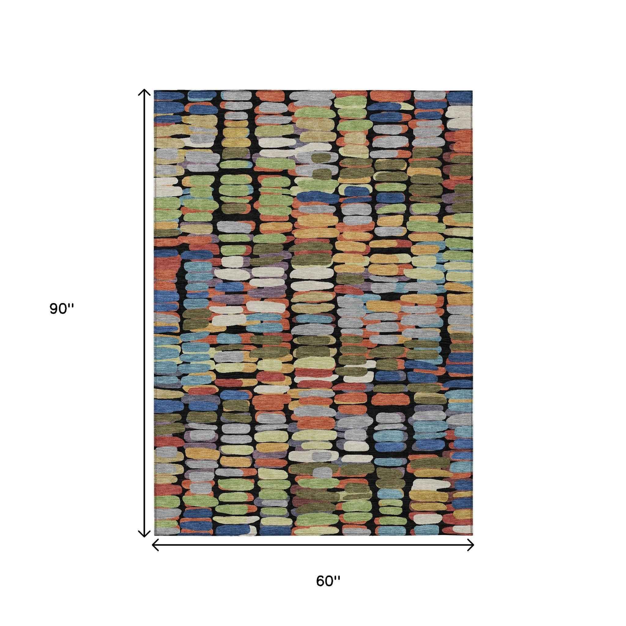 5' X 8' Black Green And Blue Abstract Washable Indoor Outdoor Area Rug