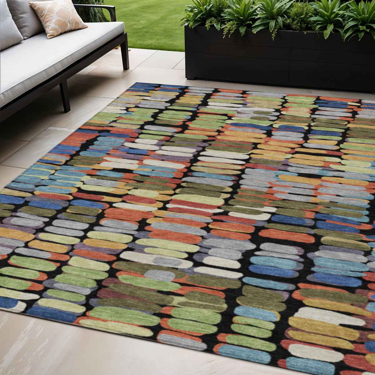 5' X 8' Black Green And Blue Abstract Washable Indoor Outdoor Area Rug