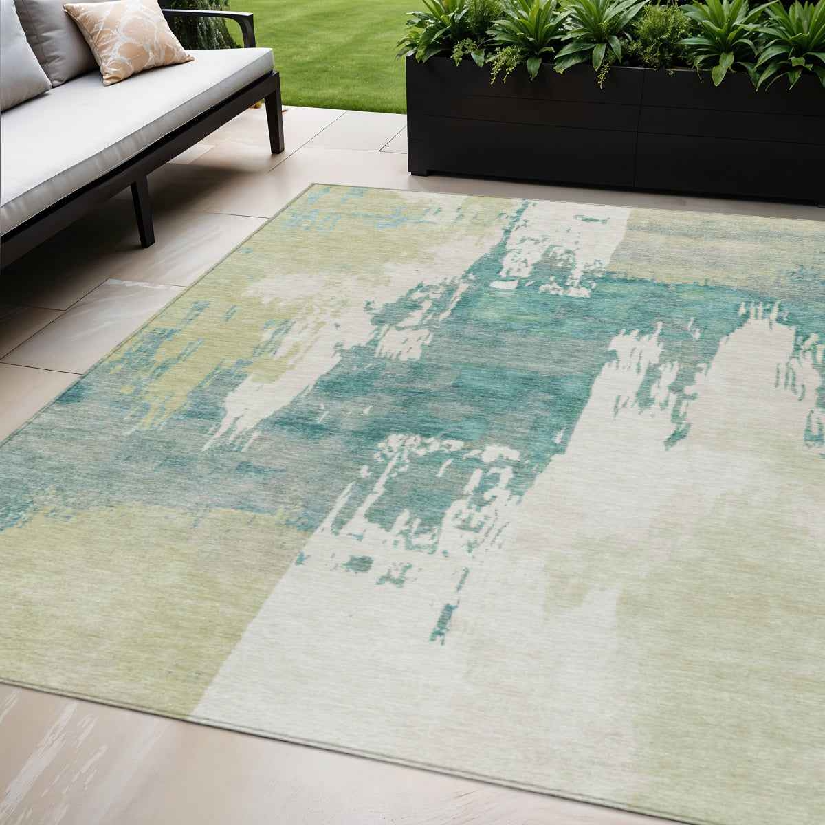 5' X 8' Artichoke Green Ivory And Aqua Abstract Washable Indoor Outdoor Area Rug