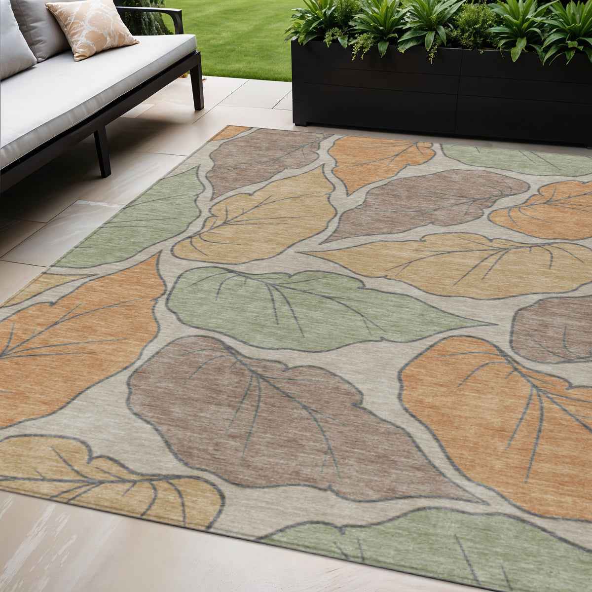 5' X 8' Copper Ivory And Sage Botanical Leaves Washable Indoor Outdoor Area Rug