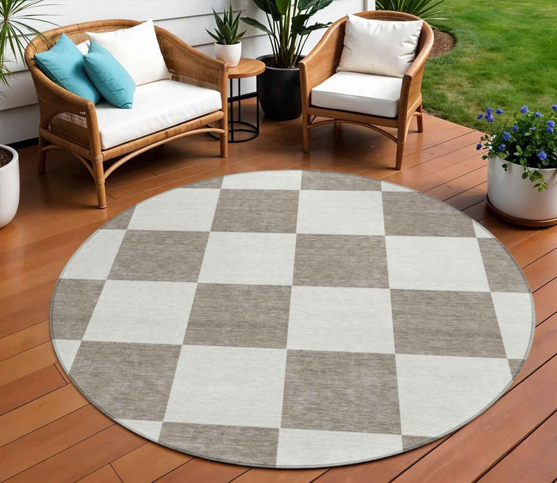 8' Taupe And Ivory Round Geometric Washable Indoor Outdoor Area Rug