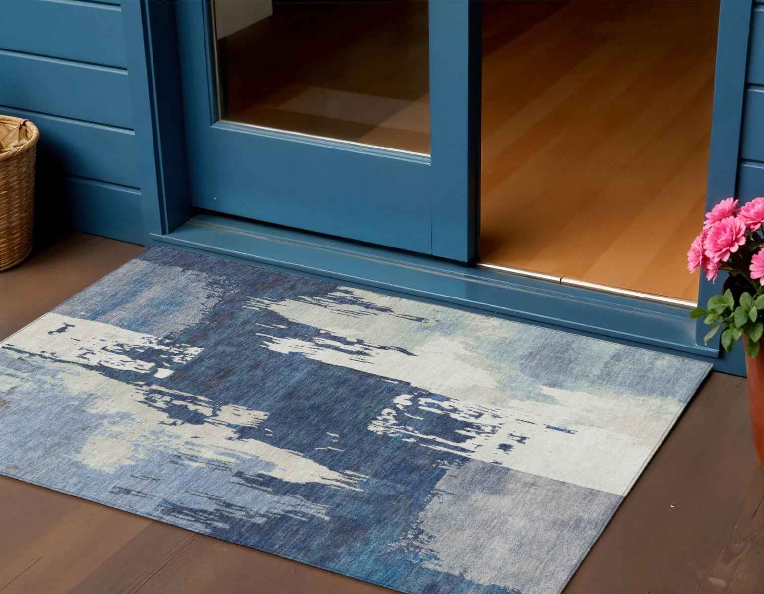 3' X 5' Blue And Ivory Abstract Washable Indoor Outdoor Area Rug