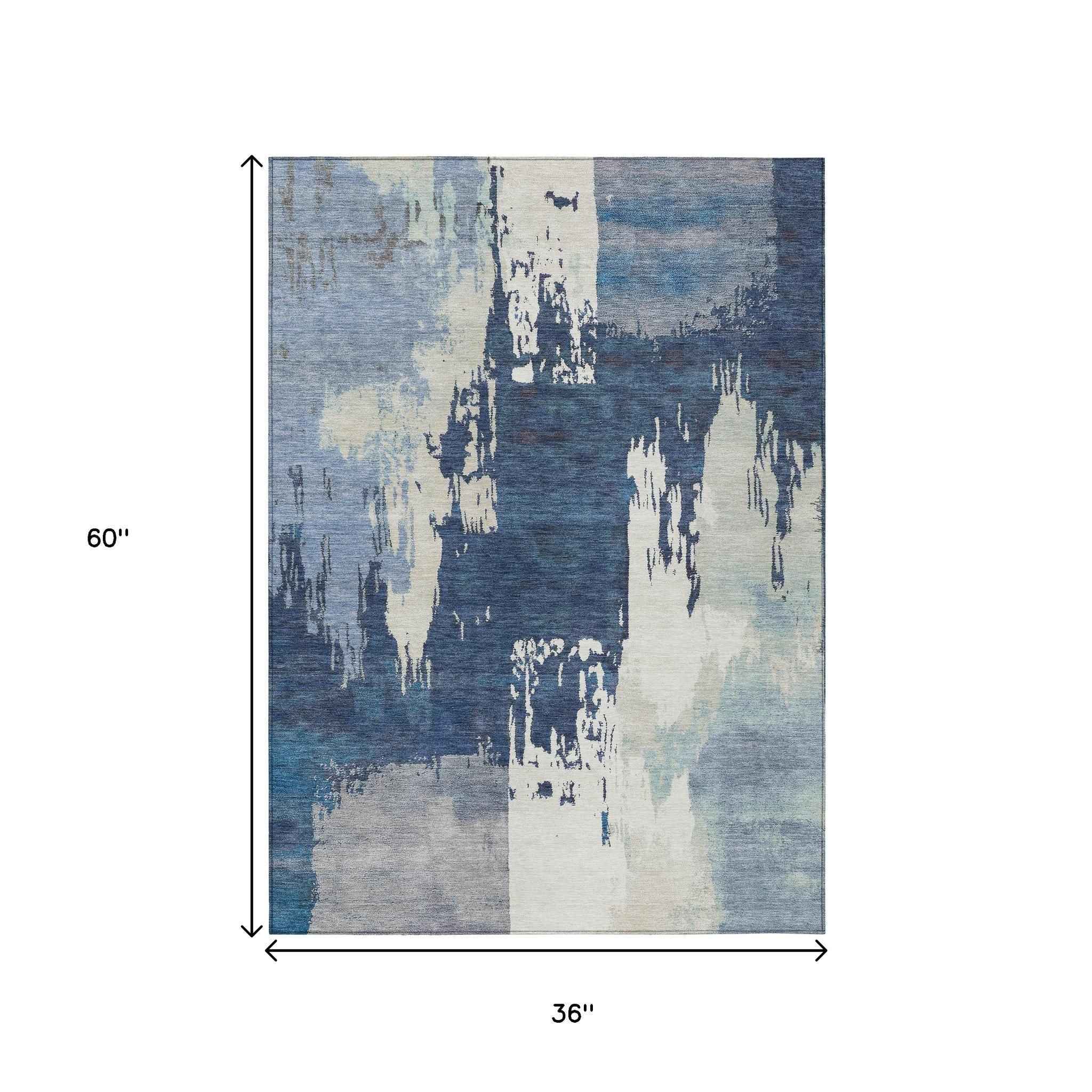 3' X 5' Blue And Ivory Abstract Washable Indoor Outdoor Area Rug