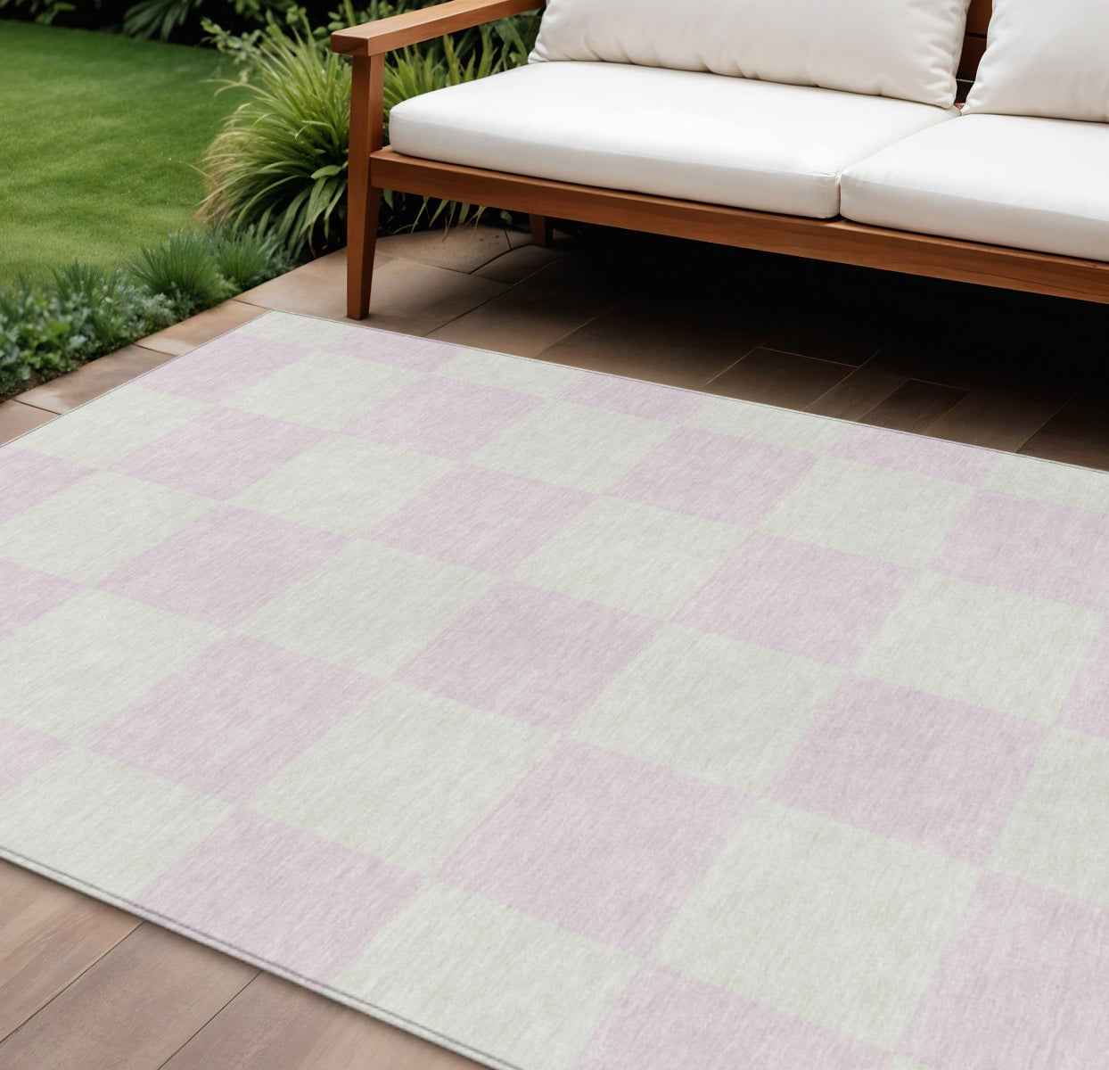 8' X 10' Pink And Ivory Geometric Washable Indoor Outdoor Area Rug
