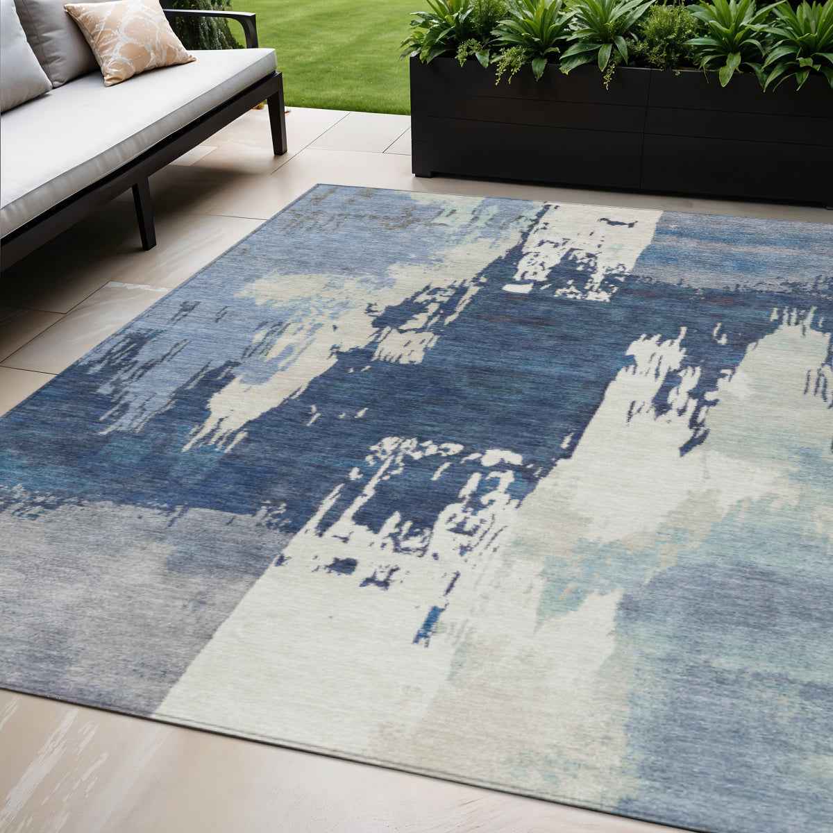 5' X 8' Blue And Ivory Abstract Washable Indoor Outdoor Area Rug