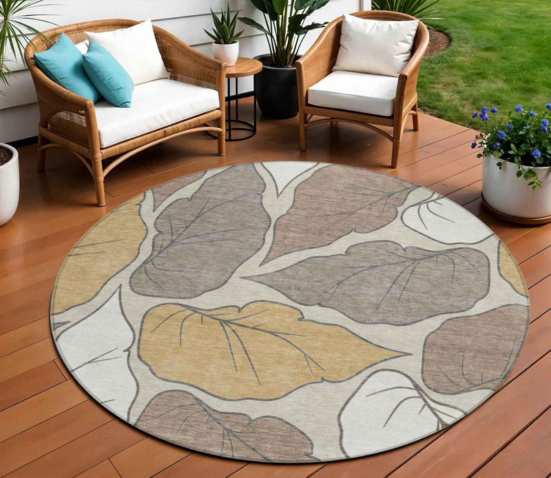 8' Linen Ivory And Brown Round Botanical Leaves Washable Indoor Outdoor Area Rug