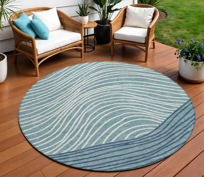 8' Teal Blue And Ivory Round Striped Washable Indoor Outdoor Area Rug