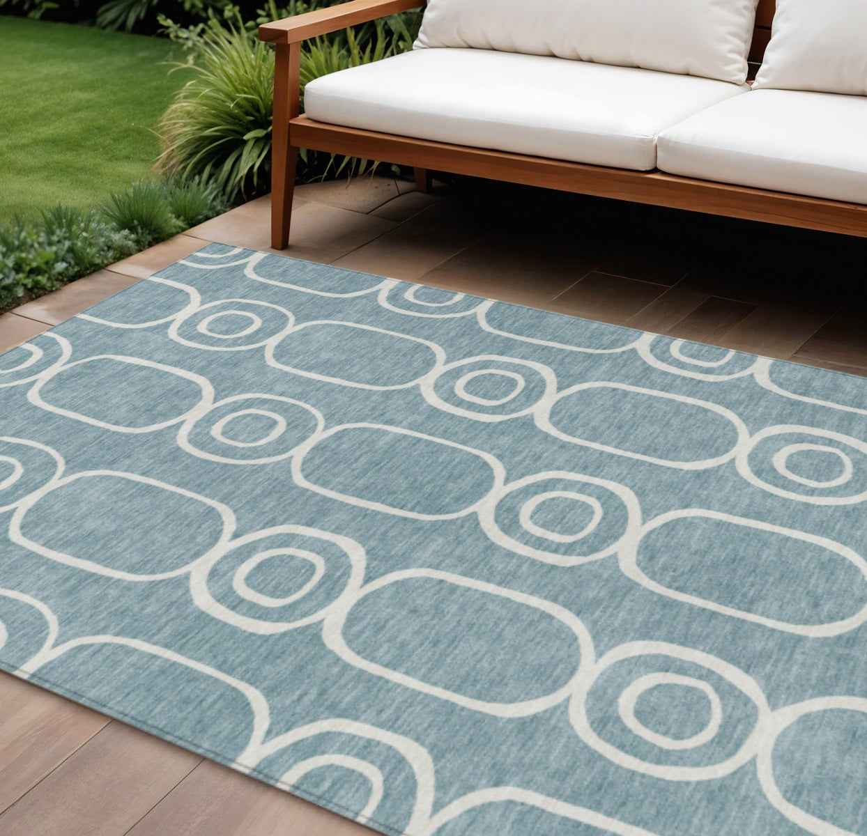 10' X 14' Aqua And Ivory Geometric Washable Indoor Outdoor Area Rug