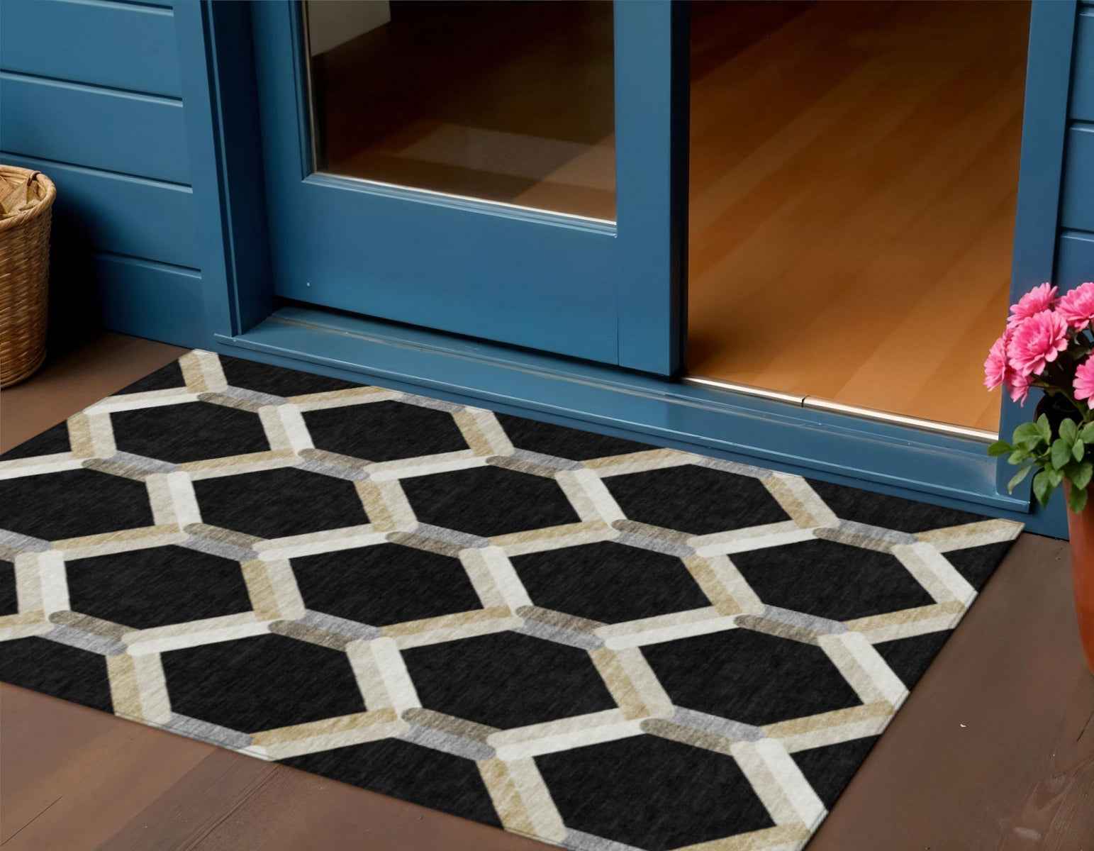 3' X 5' Black Ivory And Wheat Geometric Washable Indoor Outdoor Area Rug