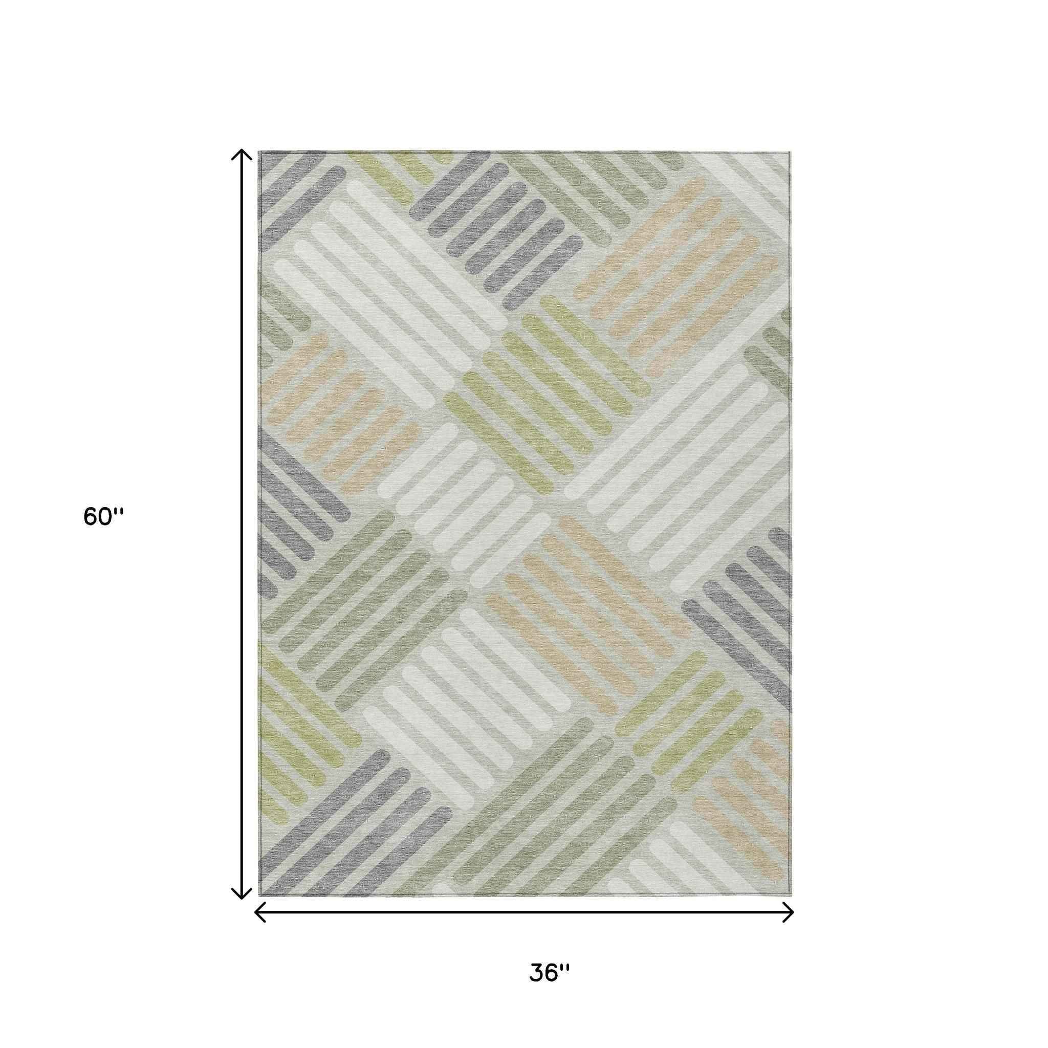 3' X 5' Artichoke Green Ivory And Gray Geometric Washable Indoor Outdoor Area Rug