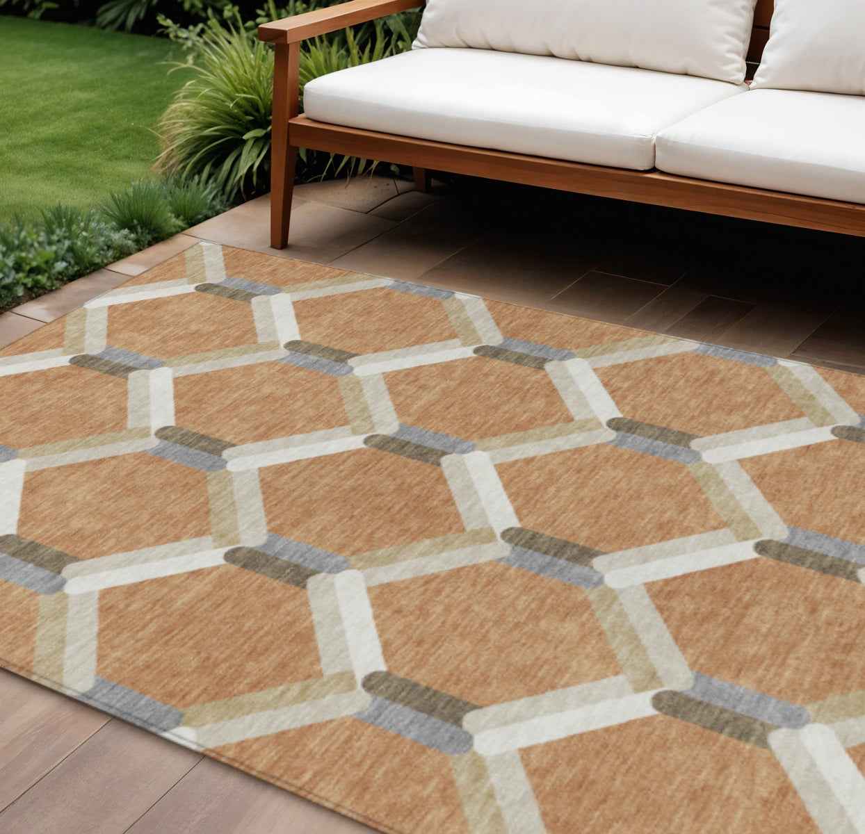 8' X 10' Copper Ivory And Gray Geometric Washable Indoor Outdoor Area Rug