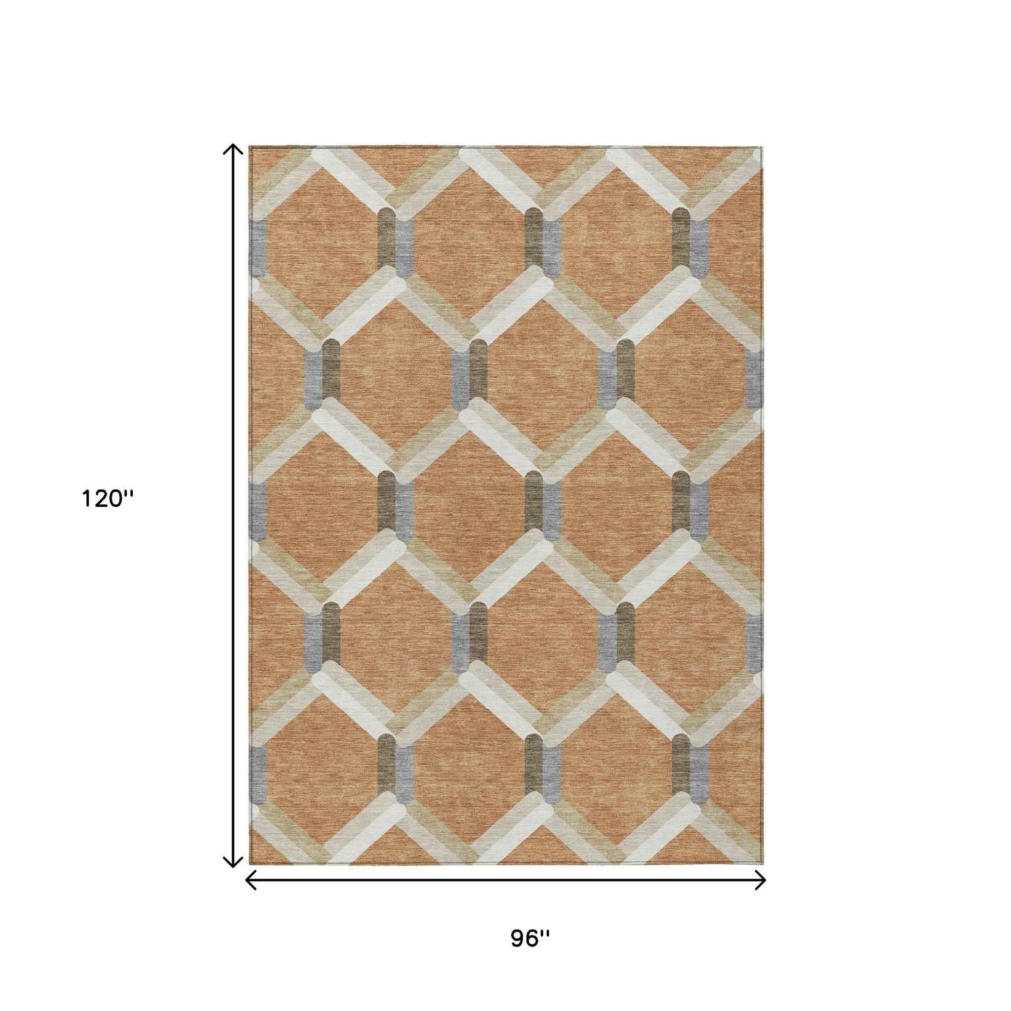 8' X 10' Copper Ivory And Gray Geometric Washable Indoor Outdoor Area Rug