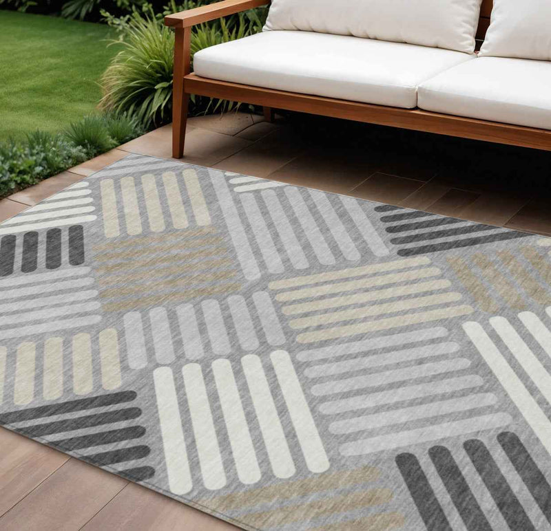 9' X 12' Gray Ivory And Tan Geometric Washable Indoor Outdoor Area Rug