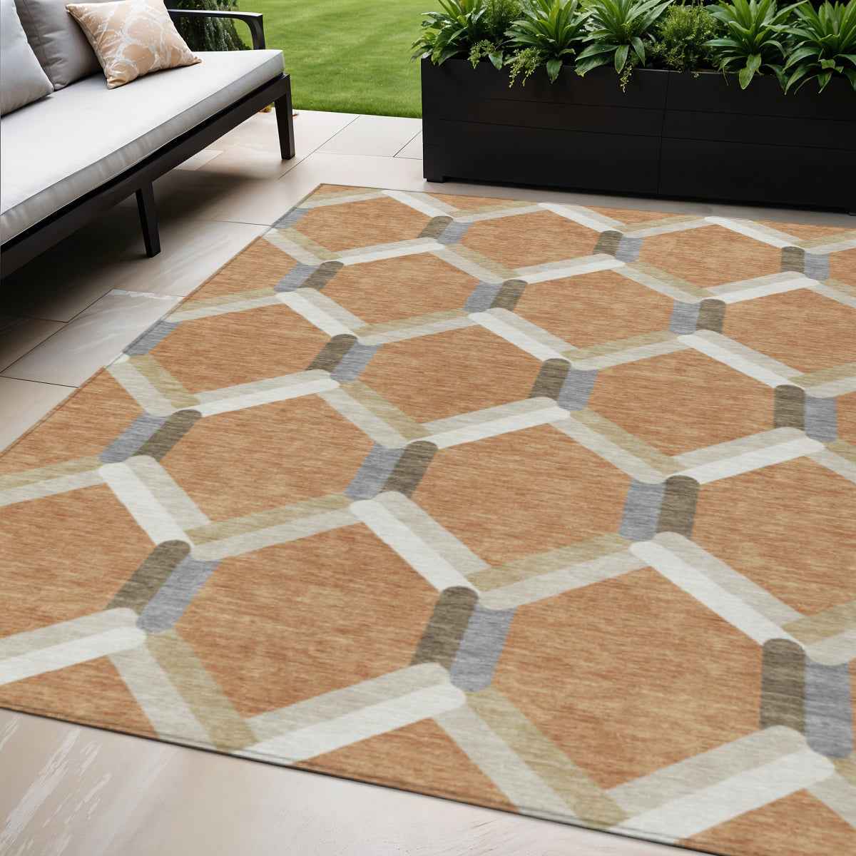 5' X 8' Copper Ivory And Gray Geometric Washable Indoor Outdoor Area Rug