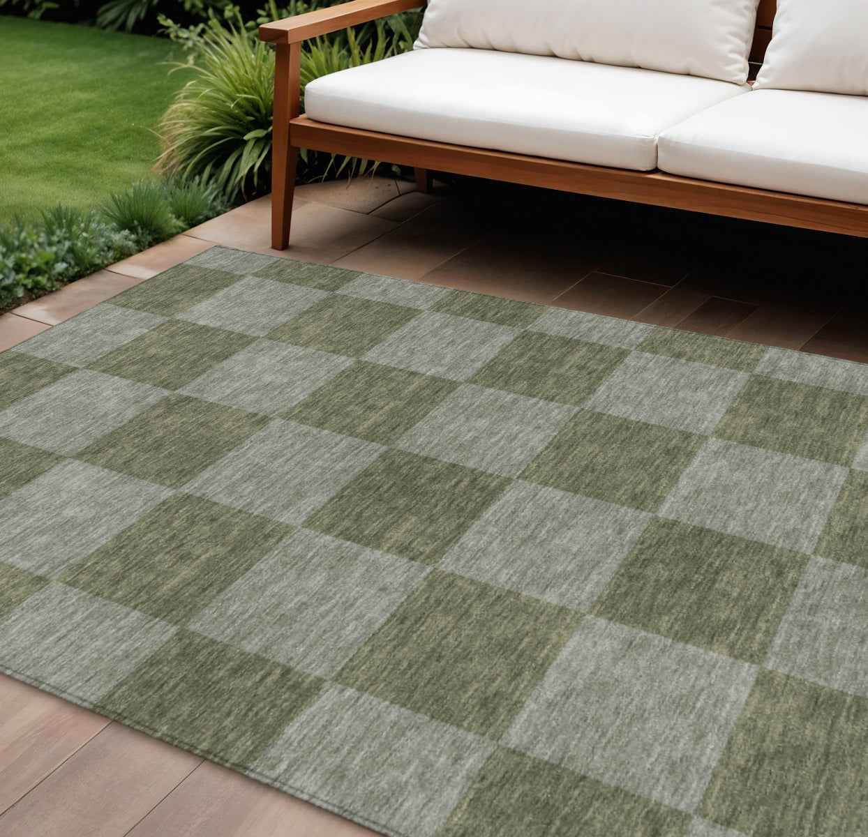 8' X 10' Olive Green And Gray Geometric Washable Indoor Outdoor Area Rug