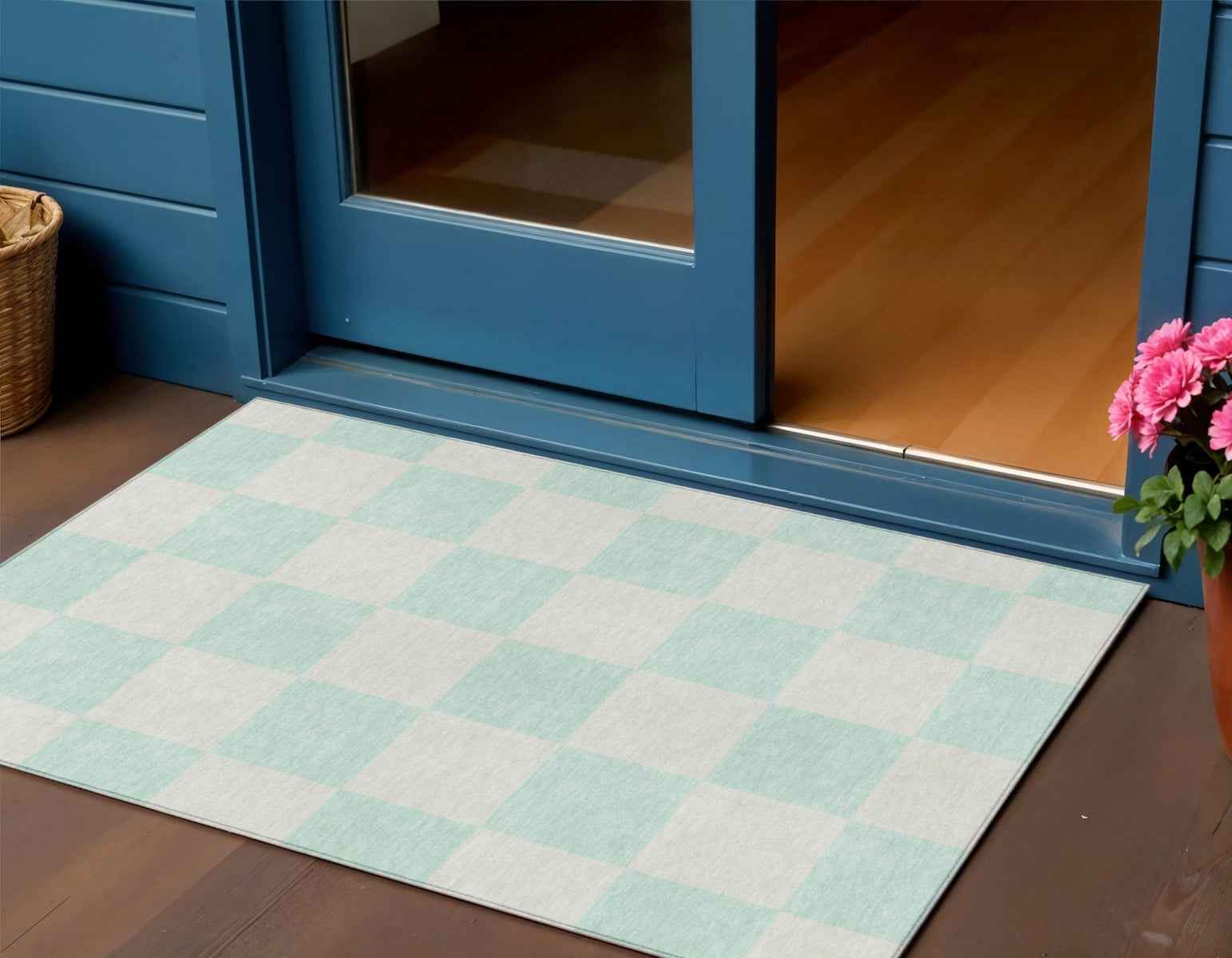 3' X 5' Mint Green And Ivory Geometric Washable Indoor Outdoor Area Rug