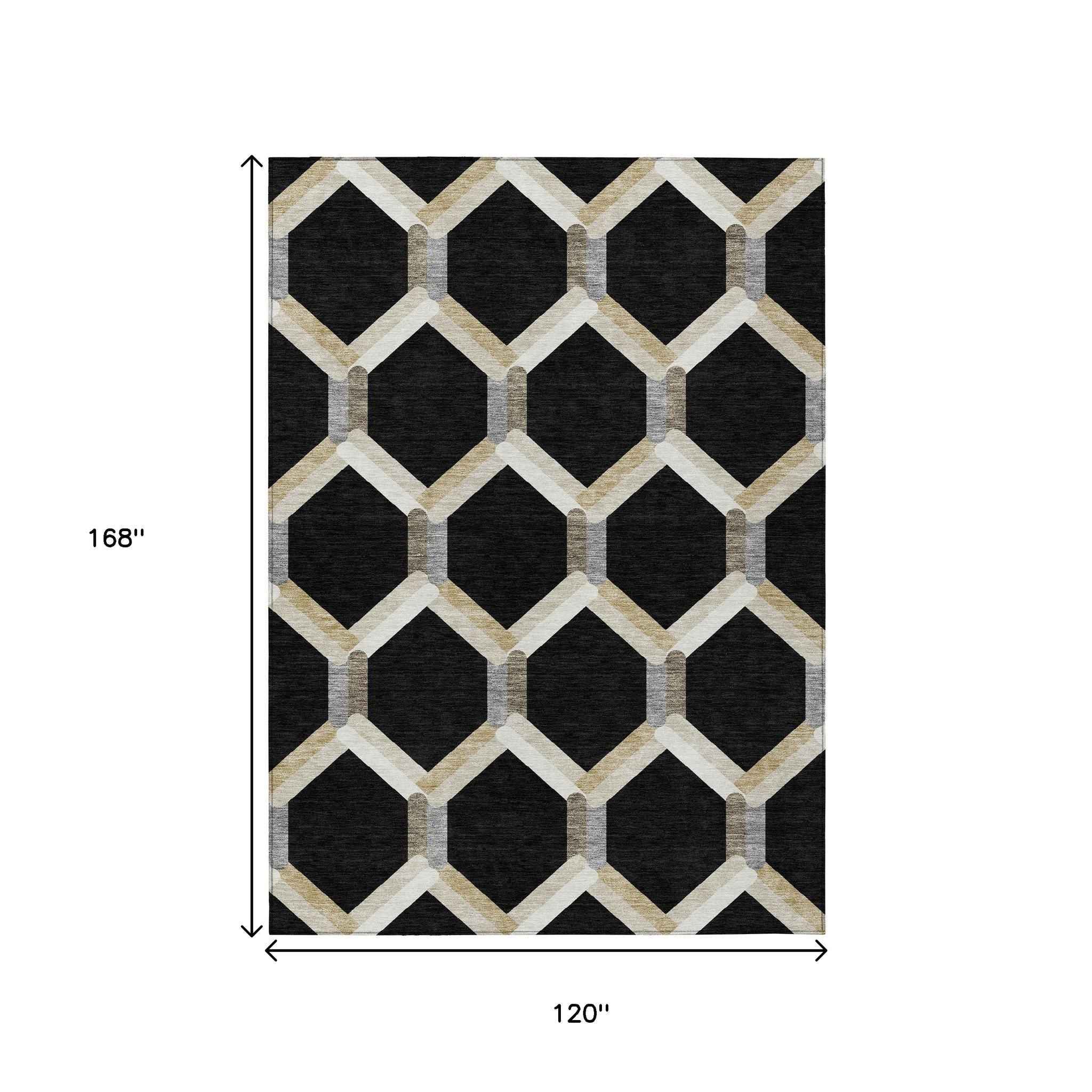 10' X 14' Black Ivory And Wheat Geometric Washable Indoor Outdoor Area Rug