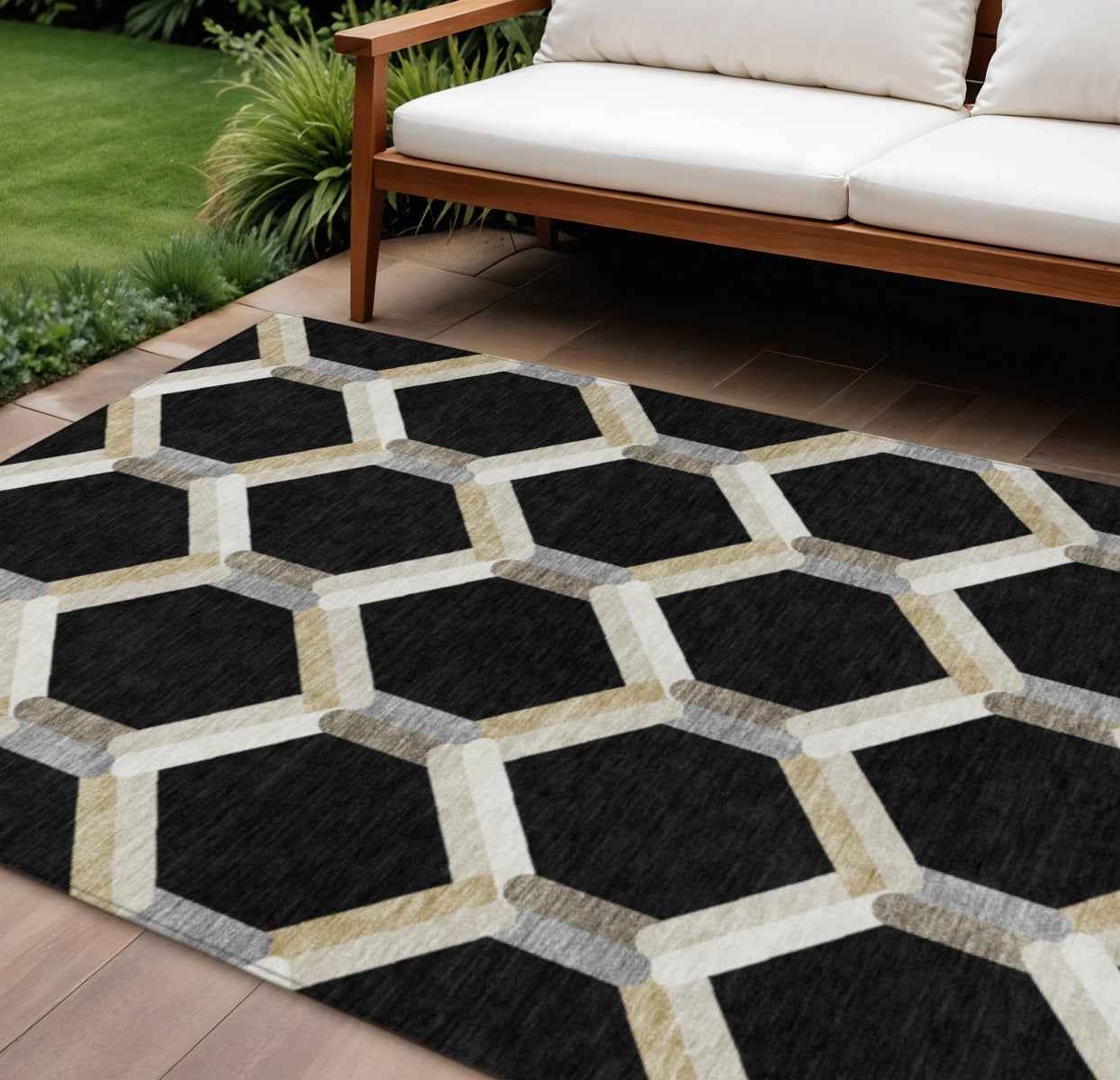 10' X 14' Black Ivory And Wheat Geometric Washable Indoor Outdoor Area Rug