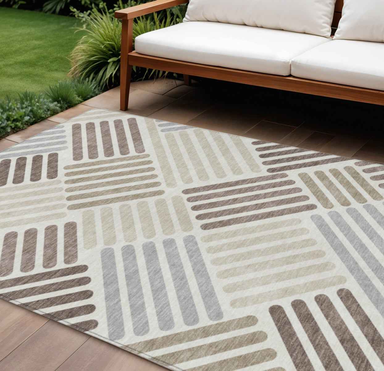 9' X 12' Ivory Beige And Brown Geometric Washable Indoor Outdoor Area Rug