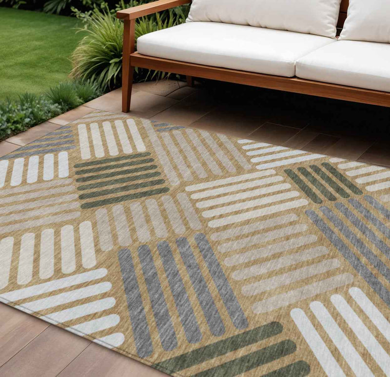10' X 14' Gold Ivory And Charcoal Geometric Washable Indoor Outdoor Area Rug