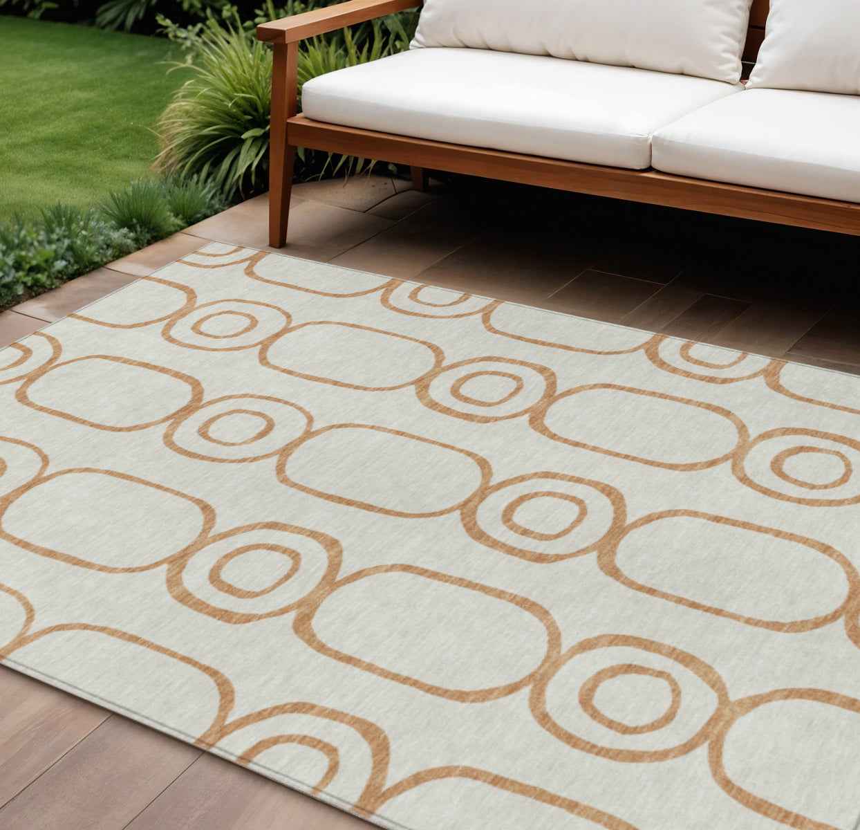 10' X 14' Copper And Ivory Geometric Washable Indoor Outdoor Area Rug