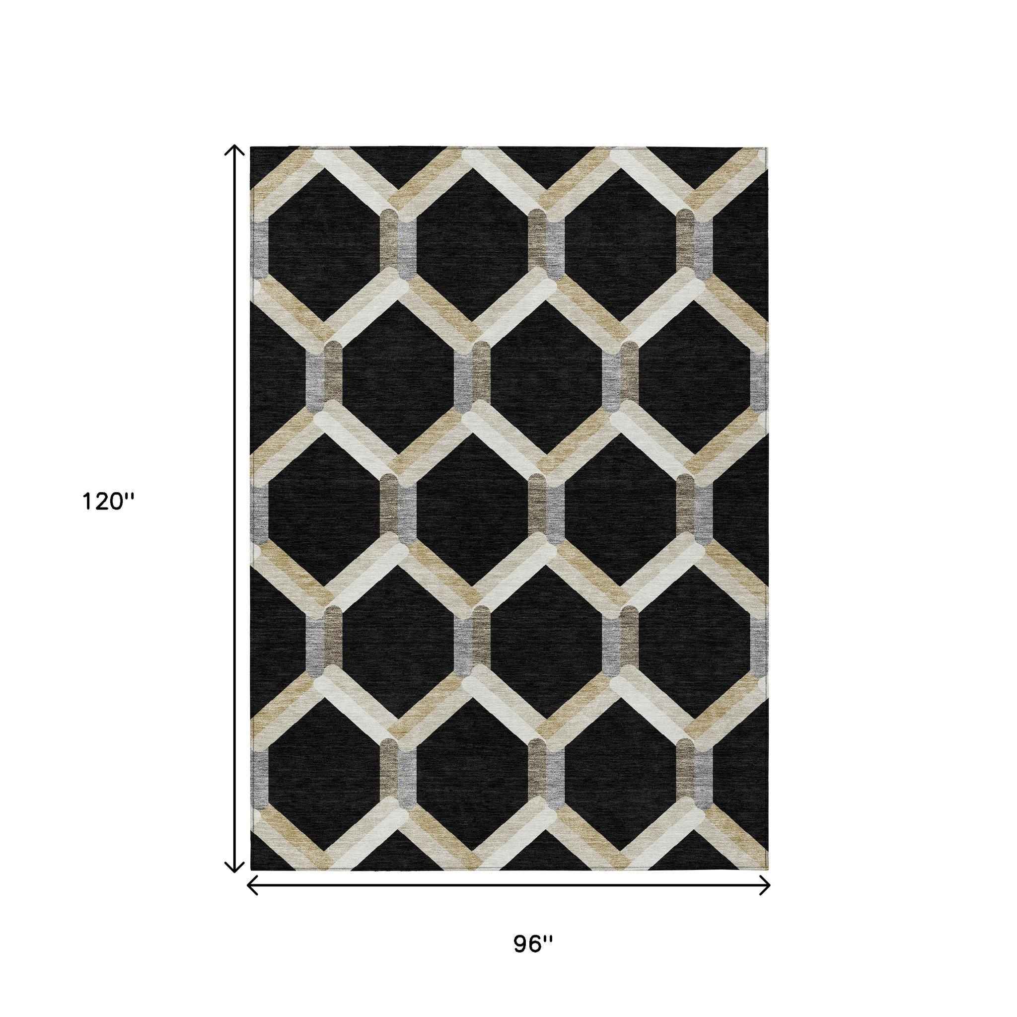 8' X 10' Black Ivory And Wheat Geometric Washable Indoor Outdoor Area Rug